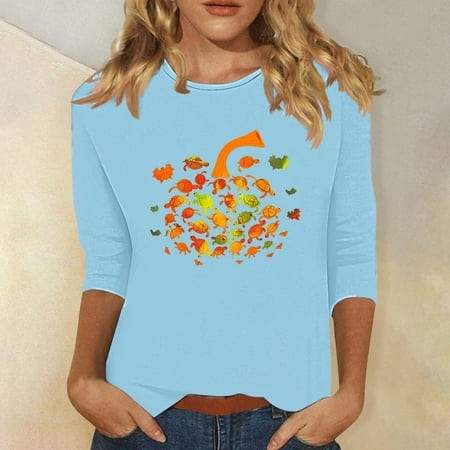 SZJXBUY Womens 3/4 Sleeve Halloween Shirts for Women Crewneck Tunic Tshirt Cute Gnomes Ghost Graphic Tee 2024 Fall Outfits Funny Gifts Tops Light Blue