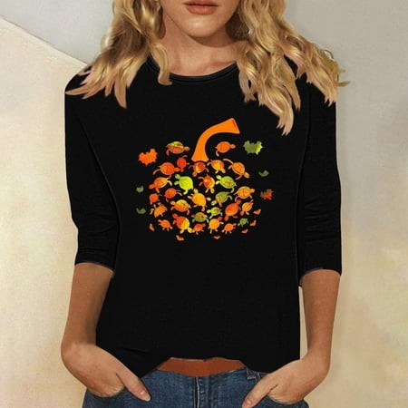 SZJXBUY Womens 3/4 Sleeve Halloween Shirts for Women Crewneck Tunic Tshirt Cute Gnomes Ghost Graphic Tee 2024 Fall Outfits Funny Gifts Tops Black XL