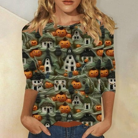 SZJXBUY Women Tops 3/4 Sleeve Halloween Shirts for Women Crewneck Tunic Tshirt Cute Ghost Graphic Tee 2024 Fall Outfits Funny Gifts Tops Orange XL