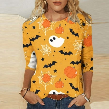 SZJXBUY 3/4 Length Sleeve Shirt for Women Halloween Shirts for Women 3/4 Sleeves Womens Tops 2024 Fall Tshirts Casual Crewneck Ghost Graphic Tee Shirt