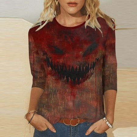SZJXBUY 3/4 Length Sleeve Womens Blouse Halloween Shirts for Women Crewneck Tunic Tshirt Cute Ghost Graphic Tee 2024 Fall Outfits Funny Gifts Tops Red