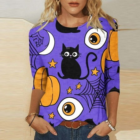 SZJXBUY Women S Blouses  Halloween Shirts for Women 3/4 Length Sleeve Womens Tops 2024 Fall Tshirts Casual Crewneck Ghost Graphic Tee Shirt Multicolor