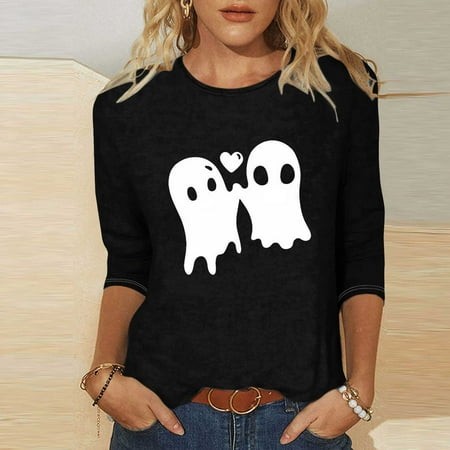 SZJXBUY Women Tops 3/4 Sleeve 2024 Halloween Shirts for Women Cute Vintage Ghost Graphic Tees Crewneck Tops Halloween Funny Gift T Shirt Black XXXL