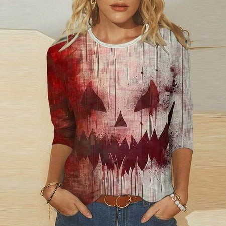 SZJXBUY Women S Blouse 3/4 Sleeve Halloween Shirts for Women Crewneck Tunic Tshirt Cute Ghost Graphic Tee 2024 Fall Outfits Funny Gifts Tops Red XXL