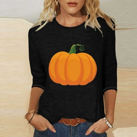 SZJXBUY 3/4 Length Sleeve Halloween Tops 2024 Halloween Shirts for Women Cute Vintage Ghost Graphic Tees Crewneck Tops Halloween Funny Gift T Shirt Bl