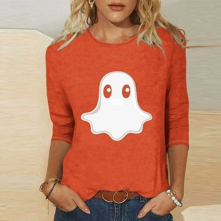 SZJXBUY 3/4 Length Sleeve Womens Shirt 2024 Halloween Shirts for Women Cute Vintage Ghost Graphic Tees Crewneck Tops Halloween Funny Gift T Shirt Oran