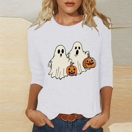 SZJXBUY 3/4 Sleeve Tee Shirts for Women 2024 Halloween Shirts for Women Cute Vintage Ghost Graphic Tees Crewneck Tops Halloween Funny Gift T Shirt Whi
