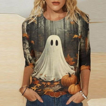 SZJXBUY Womens Blouse Halloween Shirts for Women 3/4 Length Sleeve Womens Tops 2024 Fall Tshirts Casual Crewneck Ghost Graphic Tee Shirt Multicolor S