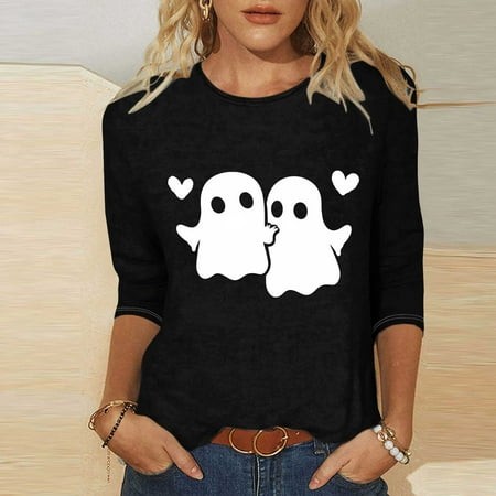 SZJXBUY Women Tops 3/4 Sleeve Tunic 2024 Halloween Shirts for Women Cute Vintage Ghost Graphic Tees Crewneck Tops Halloween Funny Gift T Shirt Black X