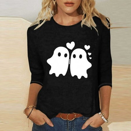 SZJXBUY 3/4 Sleeve Top for Women 2024 Halloween Shirts for Women Cute Vintage Ghost Graphic Tees Crewneck Tops Halloween Funny Gift T Shirt Black XXXL