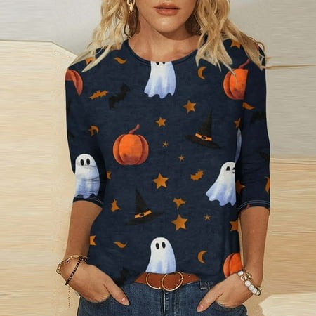 SZJXBUY Blouses for Women Halloween Shirts for Women 3/4 Length Sleeve Womens Tops 2024 Fall Tshirts Casual Crewneck Ghost Graphic Tee Shirt Multicolo