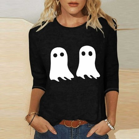 SZJXBUY Womens Tops 3/4 Sleeve 2024 Halloween Shirts for Women Cute Vintage Ghost Graphic Tees Crewneck Tops Halloween Funny Gift T Shirt Black XXL