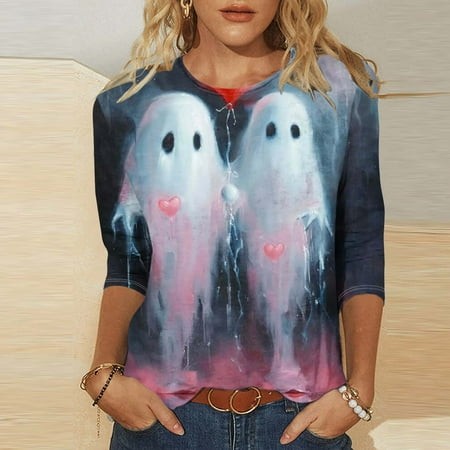 SZJXBUY Shirts for Women Halloween Shirts for Women 3/4 Length Sleeve Womens Tops 2024 Fall Tshirts Casual Crewneck Ghost Graphic Tee Shirt Multicolor