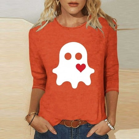 SZJXBUY Women Shirts 3/4 Sleeve 2024 Halloween Shirts for Women Cute Vintage Ghost Graphic Tees Crewneck Tops Halloween Funny Gift T Shirt Orange XL