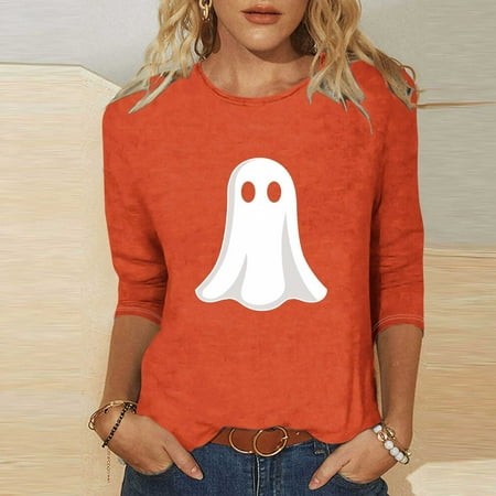 SZJXBUY Women S 3/4 Sleeve Top 2024 Halloween Shirts for Women Cute Vintage Ghost Graphic Tees Crewneck Tops Halloween Funny Gift T Shirt Orange L