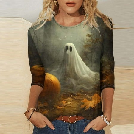 SZJXBUY Women S Shirt Halloween Shirts for Women 3/4 Length Sleeve Womens Tops 2024 Fall Tshirts Casual Crewneck Ghost Graphic Tee Shirt Multicolor S