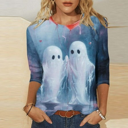 SZJXBUY Womens Blouse  Halloween Shirts for Women 3/4 Length Sleeve Womens Tops 2024 Fall Tshirts Casual Crewneck Ghost Graphic Tee Shirt Multicolor X