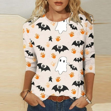 SZJXBUY Blouses Women Halloween Shirts for Women 3/4 Length Sleeve Womens Tops 2024 Fall Tshirts Casual Crewneck Ghost Graphic Tee Shirt Multicolor XL