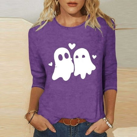 SZJXBUY Women S Tops 3/4 Sleeve 2024 Halloween Shirts for Women Cute Vintage Ghost Graphic Tees Crewneck Tops Halloween Funny Gift T Shirt Purple S