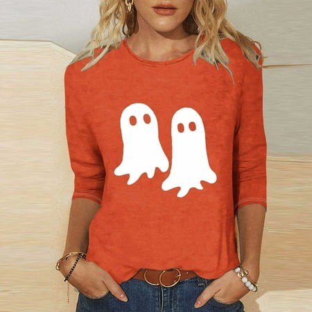 SZJXBUY Womens Tunic Tops 3/4 Sleeve 2024 Halloween Shirts for Women Cute Vintage Ghost Graphic Tees Crewneck Tops Halloween Funny Gift T Shirt Orange