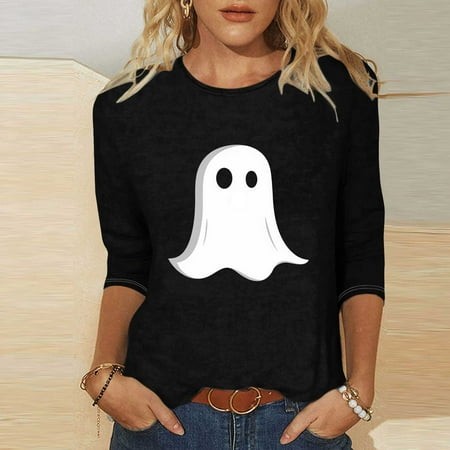 SZJXBUY Women S 3/4 Sleeve Tops and Blouses 2024 Halloween Shirts for Women Cute Vintage Ghost Graphic Tees Crewneck Tops Halloween Funny Gift T Shirt