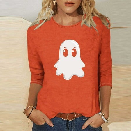 SZJXBUY Women S 3/4 Sleeve T Shirts 2024 Halloween Shirts for Women Cute Vintage Ghost Graphic Tees Crewneck Tops Halloween Funny Gift T Shirt Orange 