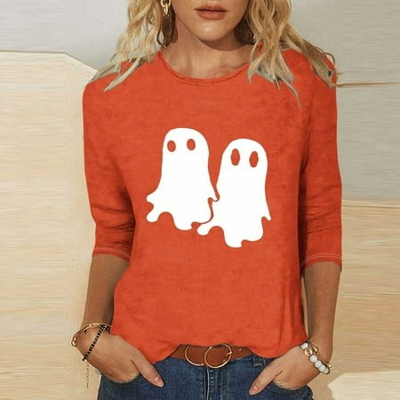 SZJXBUY Womens 3/4 Sleeve Tops and Blouses 2024 Halloween Shirts for Women Cute Vintage Ghost Graphic Tees Crewneck Tops Halloween Funny Gift T Shirt 
