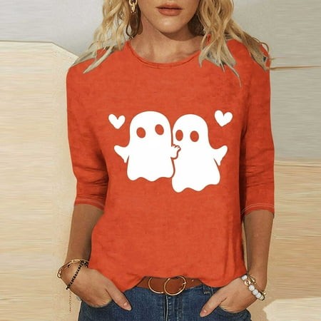SZJXBUY Women Tops 3/4 Sleeve Tunic 2024 Halloween Shirts for Women Cute Vintage Ghost Graphic Tees Crewneck Tops Halloween Funny Gift T Shirt Orange 