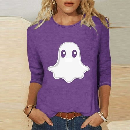 SZJXBUY 3/4 Length Sleeve Womens Shirt 2024 Halloween Shirts for Women Cute Vintage Ghost Graphic Tees Crewneck Tops Halloween Funny Gift T Shirt Purp