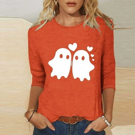 SZJXBUY 3/4 Sleeve Top for Women 2024 Halloween Shirts for Women Cute Vintage Ghost Graphic Tees Crewneck Tops Halloween Funny Gift T Shirt Orange L