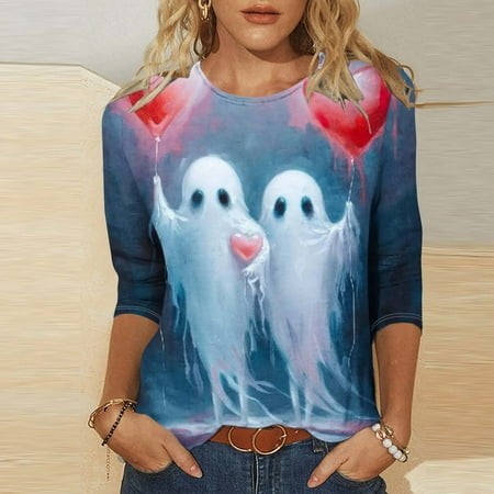 SZJXBUY Women Blouses  Halloween Shirts for Women 3/4 Length Sleeve Womens Tops 2024 Fall Tshirts Casual Crewneck Ghost Graphic Tee Shirt Multicolor M