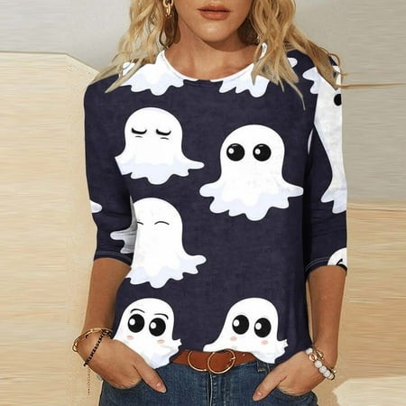 SZJXBUY Halloween 3/4 Sleeve Tops for Women 2024 Halloween Shirts for Women Cute Vintage Ghost Graphic Tees Crewneck Tops Halloween Funny Gift T Shirt