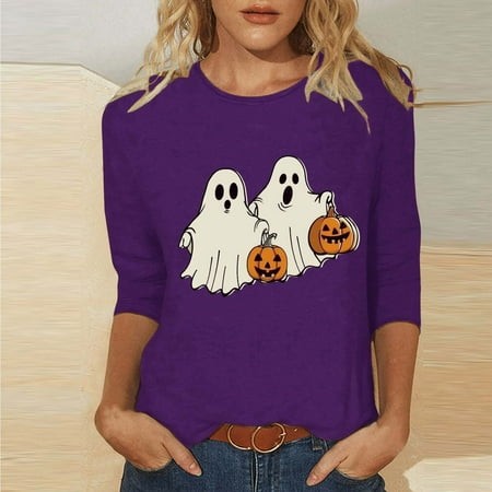 SZJXBUY 3/4 Sleeve Tee Shirts for Women 2024 Halloween Shirts for Women Cute Vintage Ghost Graphic Tees Crewneck Tops Halloween Funny Gift T Shirt Pur