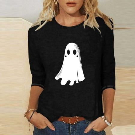 SZJXBUY Women S 3/4 Sleeve Tops 2024 Halloween Shirts for Women Cute Vintage Ghost Graphic Tees Crewneck Tops Halloween Funny Gift T Shirt Black M
