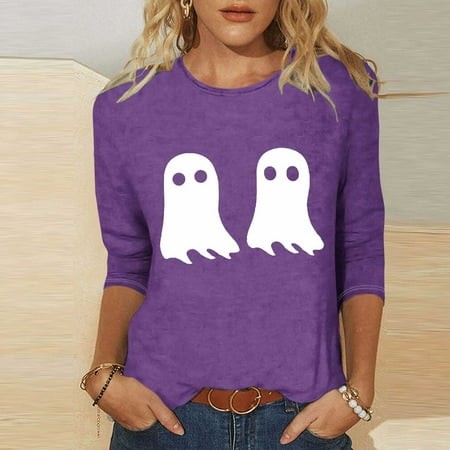SZJXBUY Womens Tops 3/4 Sleeve 2024 Halloween Shirts for Women Cute Vintage Ghost Graphic Tees Crewneck Tops Halloween Funny Gift T Shirt Purple XXXL