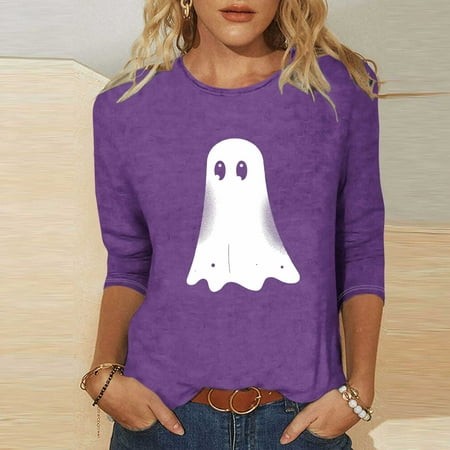 SZJXBUY Women S Top 3/4 Sleeve 2024 Halloween Shirts for Women Cute Vintage Ghost Graphic Tees Crewneck Tops Halloween Funny Gift T Shirt Purple XXL