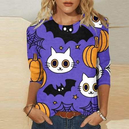 SZJXBUY Women S Blouses Halloween Shirts for Women 3/4 Length Sleeve Womens Tops 2024 Fall Tshirts Casual Crewneck Ghost Graphic Tee Shirt Multicolor 