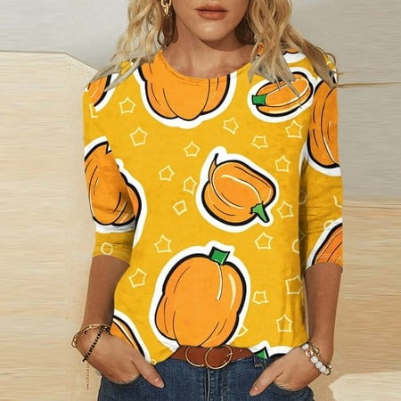 SZJXBUY 3/4 Length Sleeve Womens Tunic Tops Halloween Shirts for Women 3/4 Sleeves Womens Tops 2024 Fall Tshirts Casual Crewneck Ghost Graphic Tee Shi