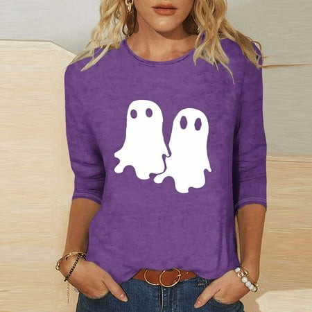 SZJXBUY Womens 3/4 Sleeve Tops and Blouses 2024 Halloween Shirts for Women Cute Vintage Ghost Graphic Tees Crewneck Tops Halloween Funny Gift T Shirt 