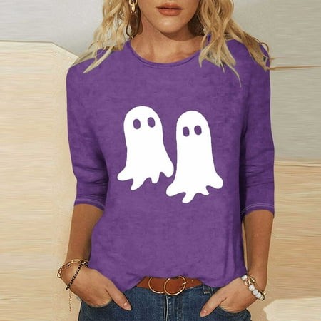 SZJXBUY Womens Tunic Tops 3/4 Sleeve 2024 Halloween Shirts for Women Cute Vintage Ghost Graphic Tees Crewneck Tops Halloween Funny Gift T Shirt Purple