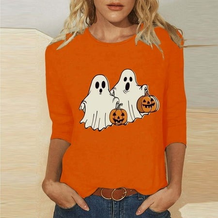 SZJXBUY 3/4 Sleeve Tee Shirts for Women 2024 Halloween Shirts for Women Cute Vintage Ghost Graphic Tees Crewneck Tops Halloween Funny Gift T Shirt Ora
