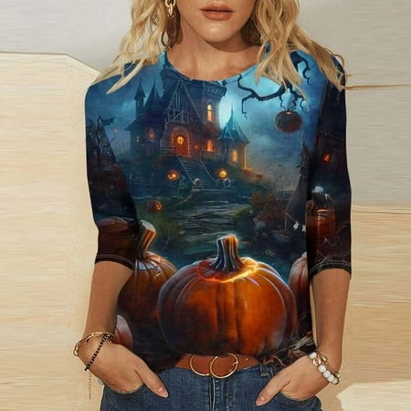 SZJXBUY Women S Shirts  Halloween Shirts for Women 3/4 Length Sleeve Womens Tops 2024 Fall Tshirts Casual Crewneck Ghost Graphic Tee Shirt Multicolor 