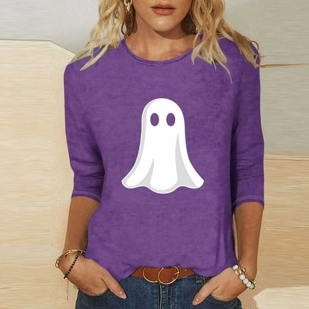 SZJXBUY Women S 3/4 Sleeve Top 2024 Halloween Shirts for Women Cute Vintage Ghost Graphic Tees Crewneck Tops Halloween Funny Gift T Shirt Purple L