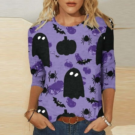 SZJXBUY Blouse for Women Halloween Shirts for Women 3/4 Length Sleeve Womens Tops 2024 Fall Tshirts Casual Crewneck Ghost Graphic Tee Shirt Multicolor
