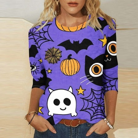 SZJXBUY Women S Horror Blouse Halloween Shirts for Women 3/4 Length Sleeve Womens Tops 2024 Fall Tshirts Casual Crewneck Ghost Graphic Tee Shirt Multi