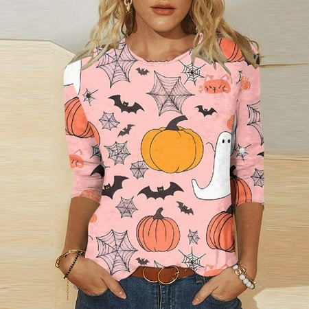 SZJXBUY 3/4 Sleeve Halloween T Shirt 2024 Halloween Shirts for Women Cute Vintage Ghost Graphic Tees Crewneck Tops Halloween Funny Gift T Shirt Multic