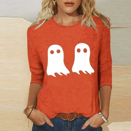 SZJXBUY Womens Tops 3/4 Sleeve 2024 Halloween Shirts for Women Cute Vintage Ghost Graphic Tees Crewneck Tops Halloween Funny Gift T Shirt Orange S