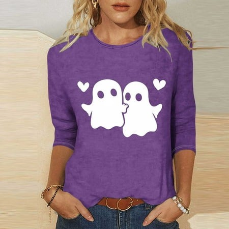 SZJXBUY Women Tops 3/4 Sleeve Tunic 2024 Halloween Shirts for Women Cute Vintage Ghost Graphic Tees Crewneck Tops Halloween Funny Gift T Shirt Purple 