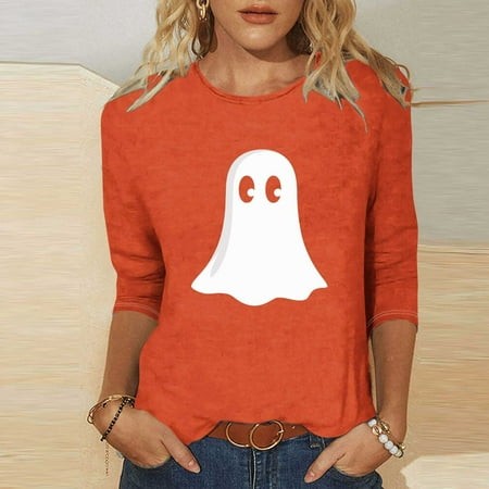 SZJXBUY Women S Shirts 3/4 Sleeve 2024 Halloween Shirts for Women Cute Vintage Ghost Graphic Tees Crewneck Tops Halloween Funny Gift T Shirt Orange L