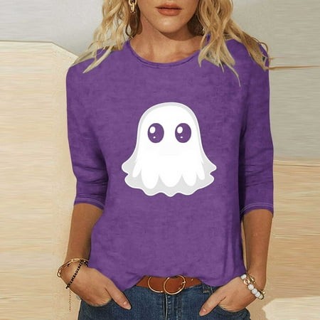 SZJXBUY Womens Shirt 3/4 Sleeve 2024 Halloween Shirts for Women Cute Vintage Ghost Graphic Tees Crewneck Tops Halloween Funny Gift T Shirt Purple L
